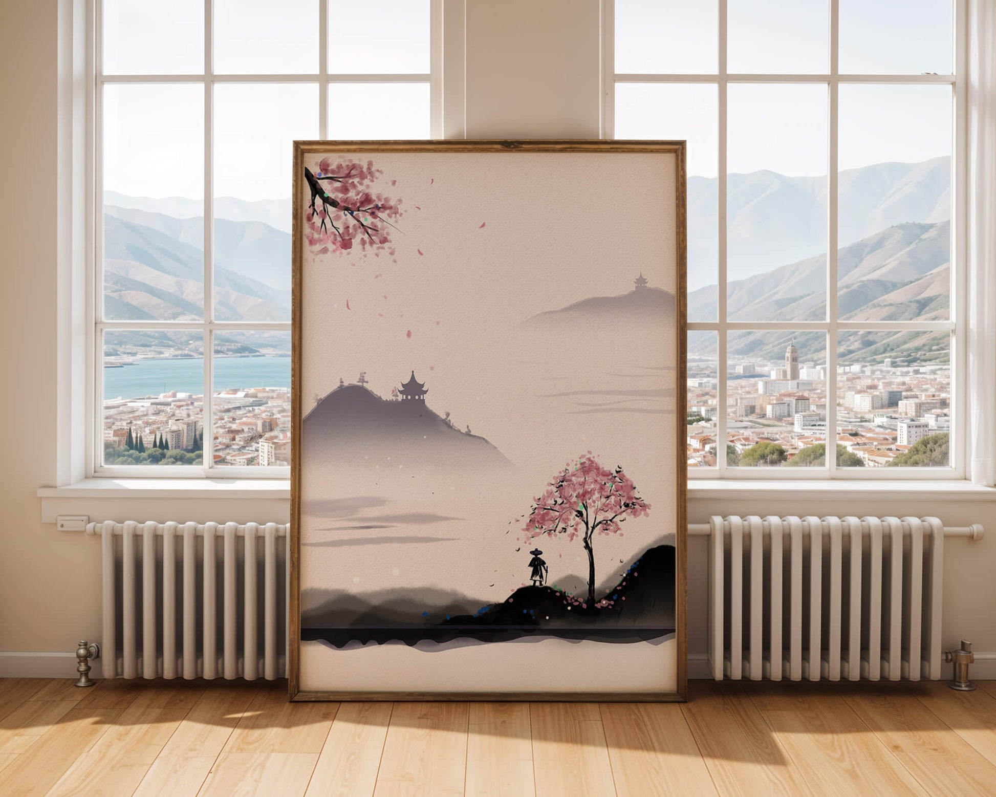 Paisaje sereno con árbol de cerezo y pagodas distantes