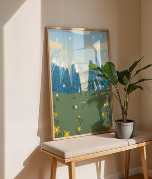 Landschaft mit schneebedeckten Bergen und Blumen im Cartoon-Stil