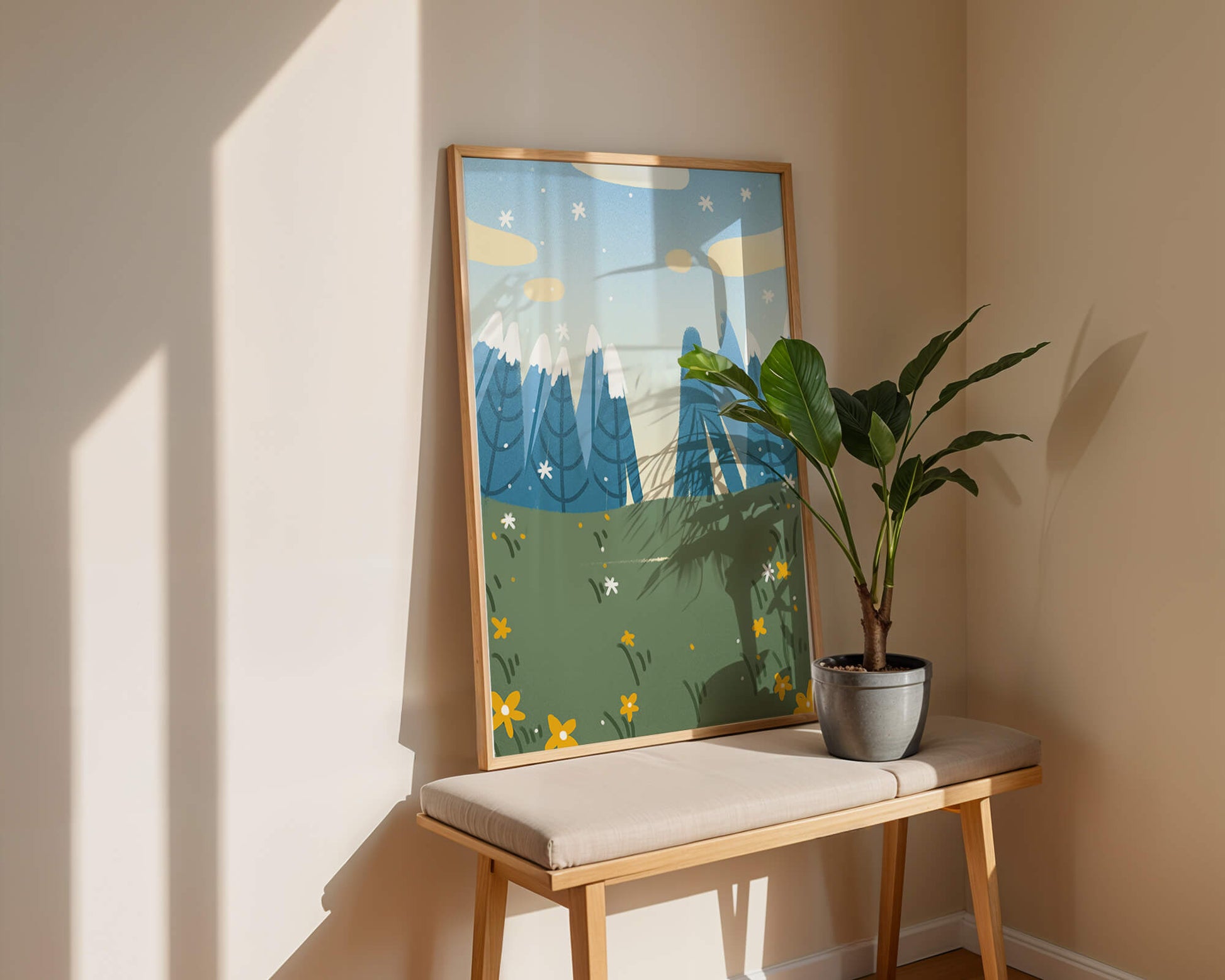 Landschaft mit schneebedeckten Bergen und Blumen im Cartoon-Stil