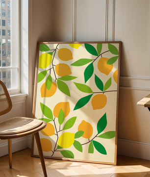Vibrant lemon pattern with colorful leaves and citrus fruits