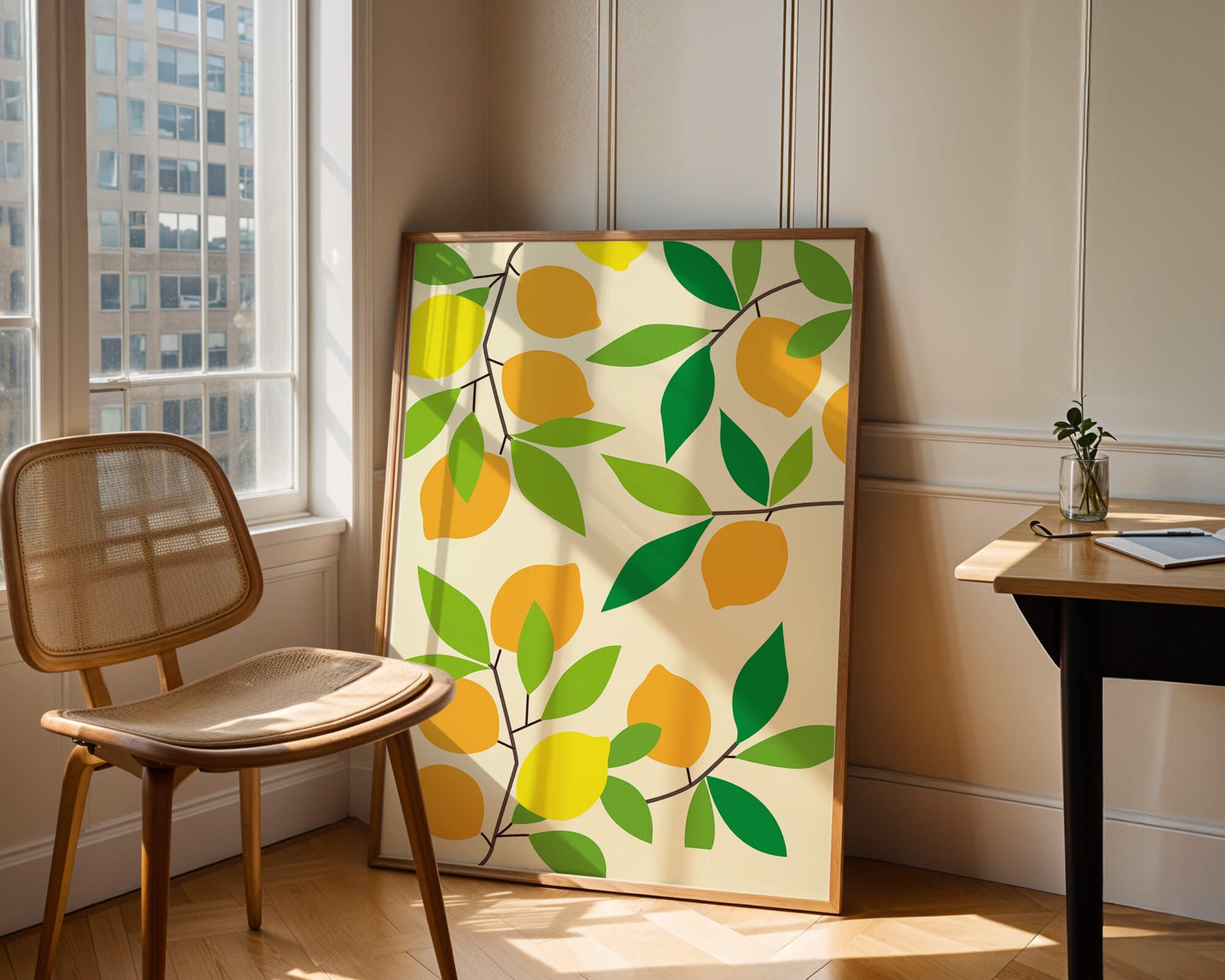 Vibrant lemon pattern with colorful leaves and citrus fruits