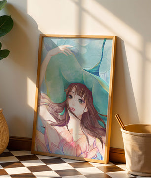 Serene water-inspired portrait of a woman with flowers