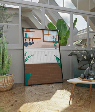 Cozy kitchen interior with wooden accents and potted plants