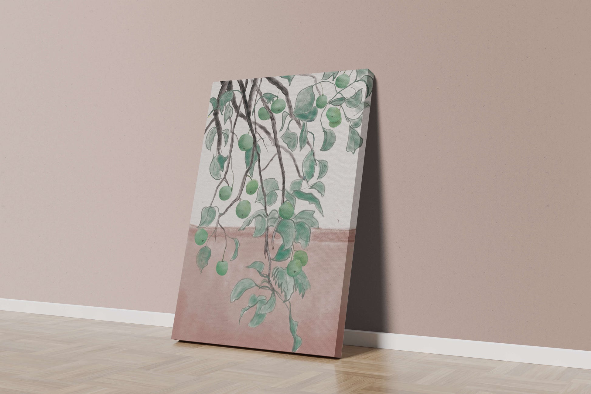 Branches With Green Apples And Leaves Over Pink Background