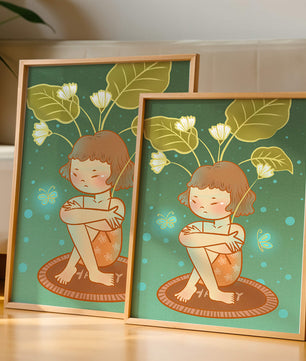 Ilustración de un niño con tocado floral y mariposas