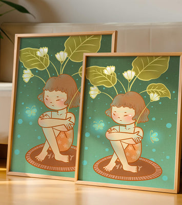 Child with floral headpiece and butterflies illustration