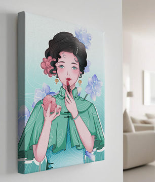 Woman applying lipstick with elegant floral background