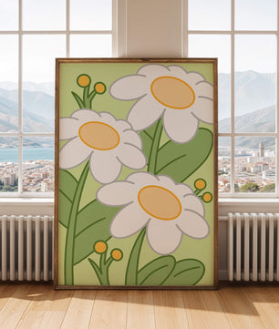 Charming illustrated daisies on a green background