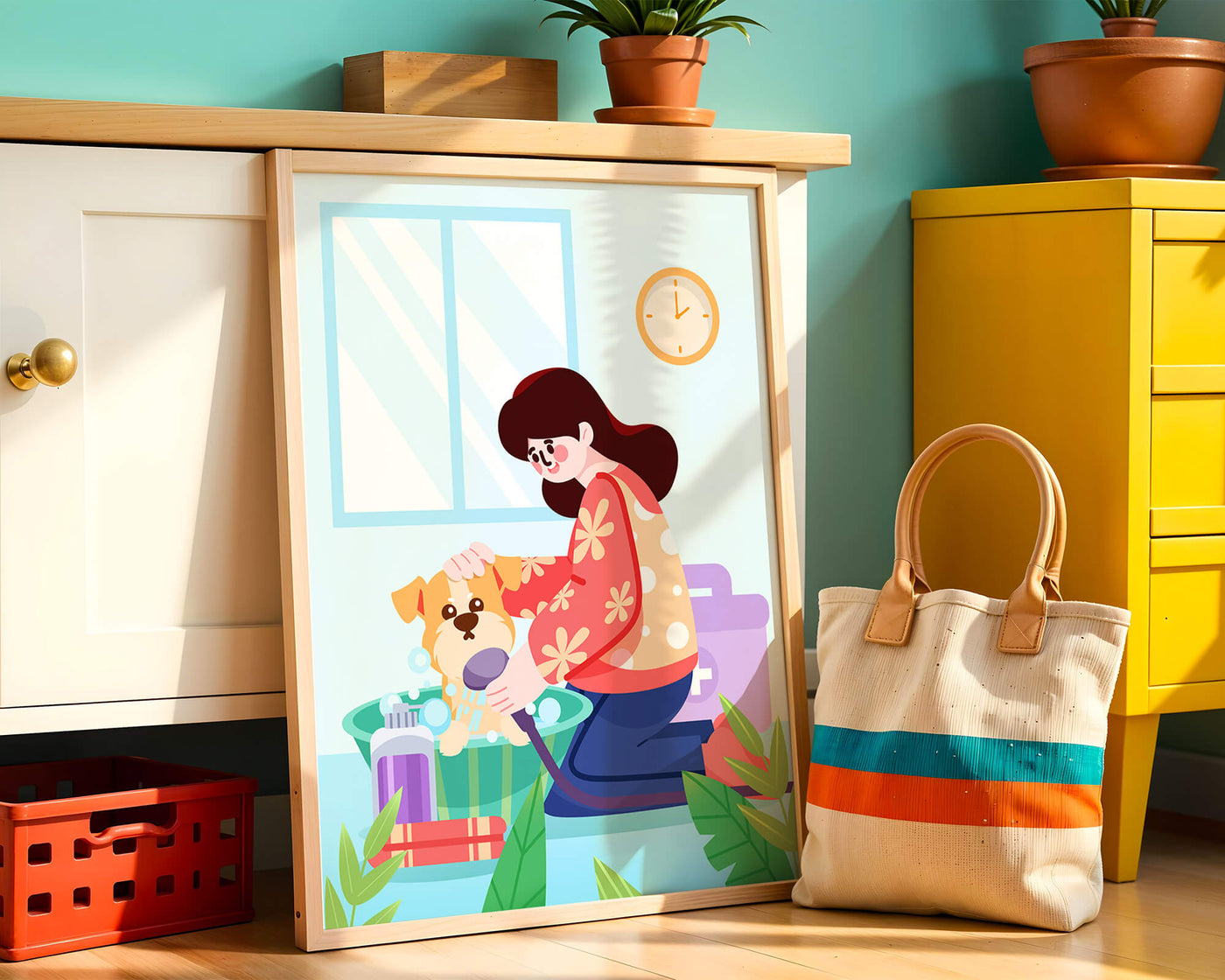 Woman giving a bath to a dog in a colorful bathroom setting