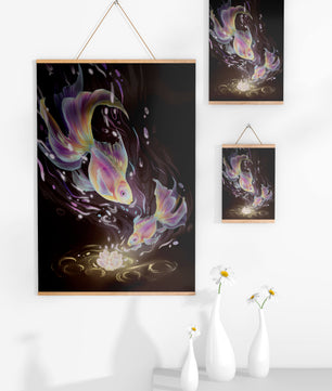 Colorful Koi Fish in a Dreamlike Underwater Scene with Illuminated Elements