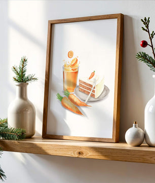 Illustration von Karottenkuchen und Saft mit frischen Karotten