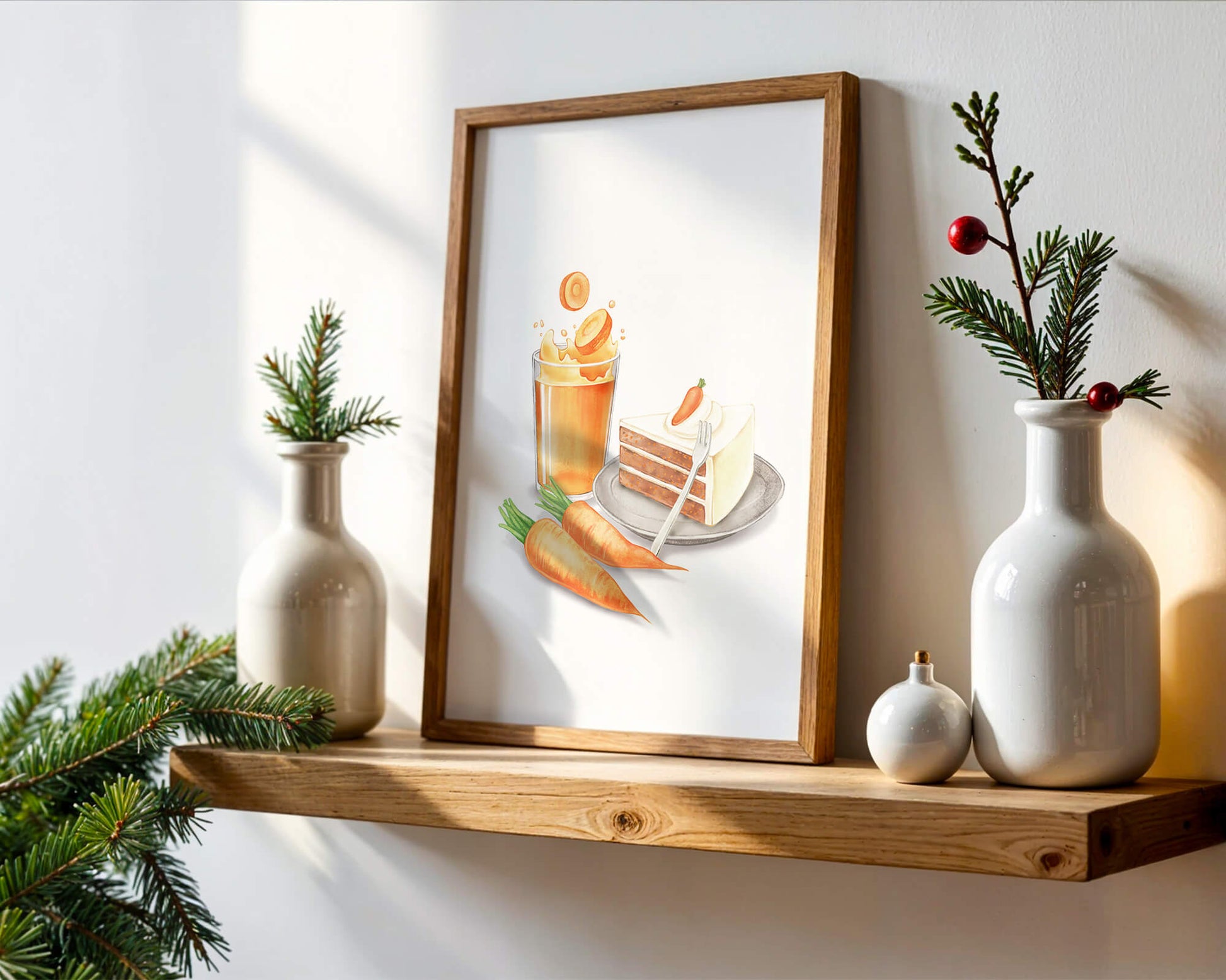 Illustration von Karottenkuchen und Saft mit frischen Karotten