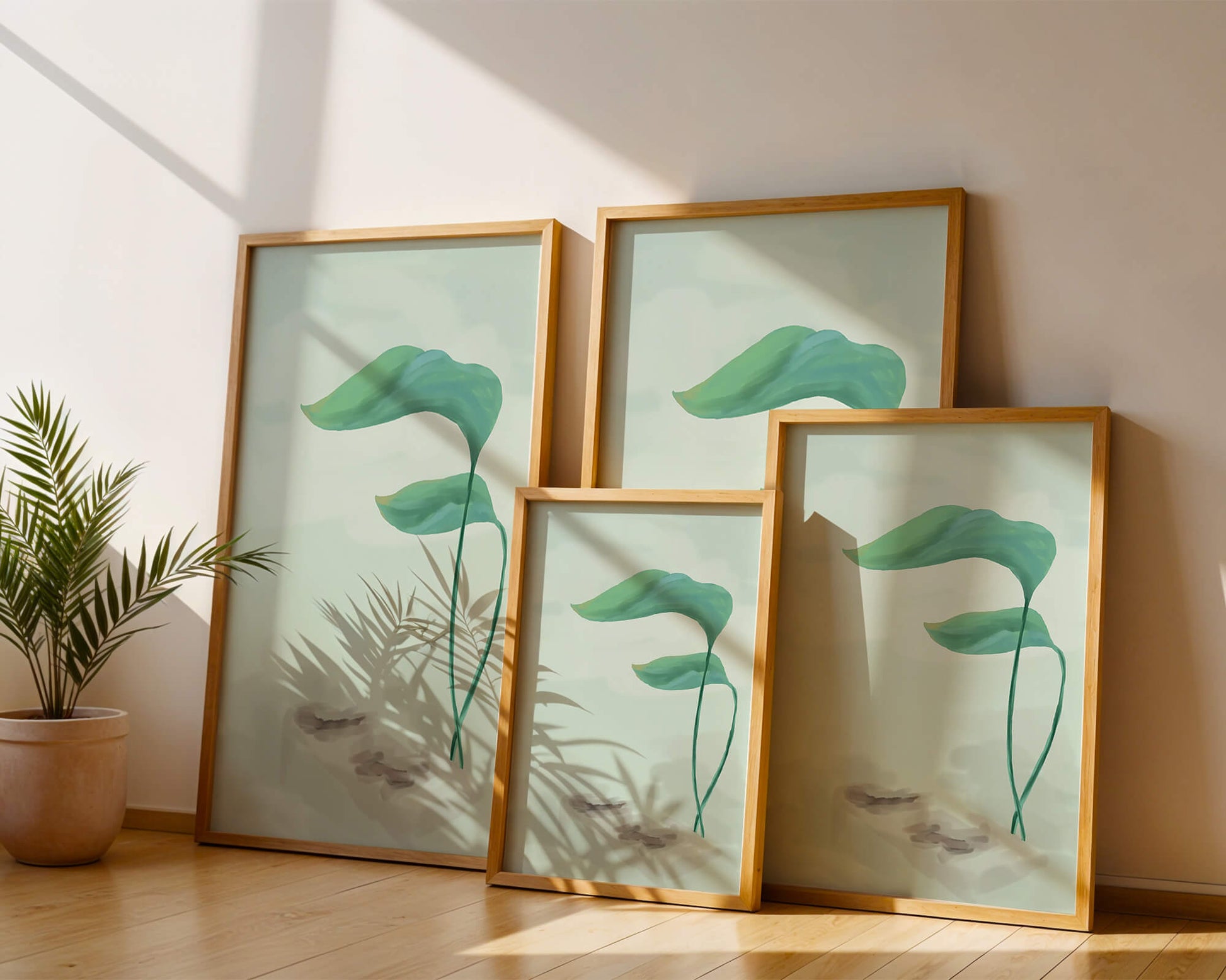 Minimalistic Art of Green Leaves on Abstract Background