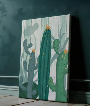 Colorful Cacti with Golden Elements on a Textured Background