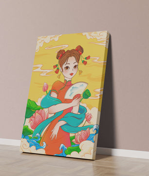 Ilustración oriental que presenta a una chica con atuendo tradicional, un abanico y flores de loto