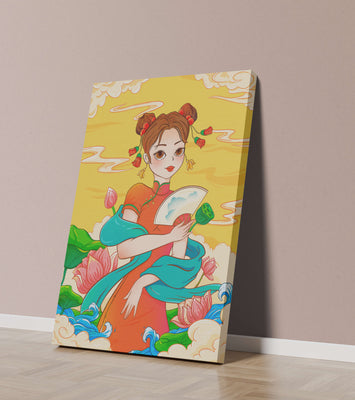 Oriental illustration featuring a girl in traditional attire with a fan and lotus flowers