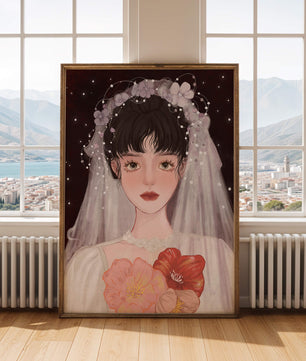Elegant bridal portrait with floral crown and veil