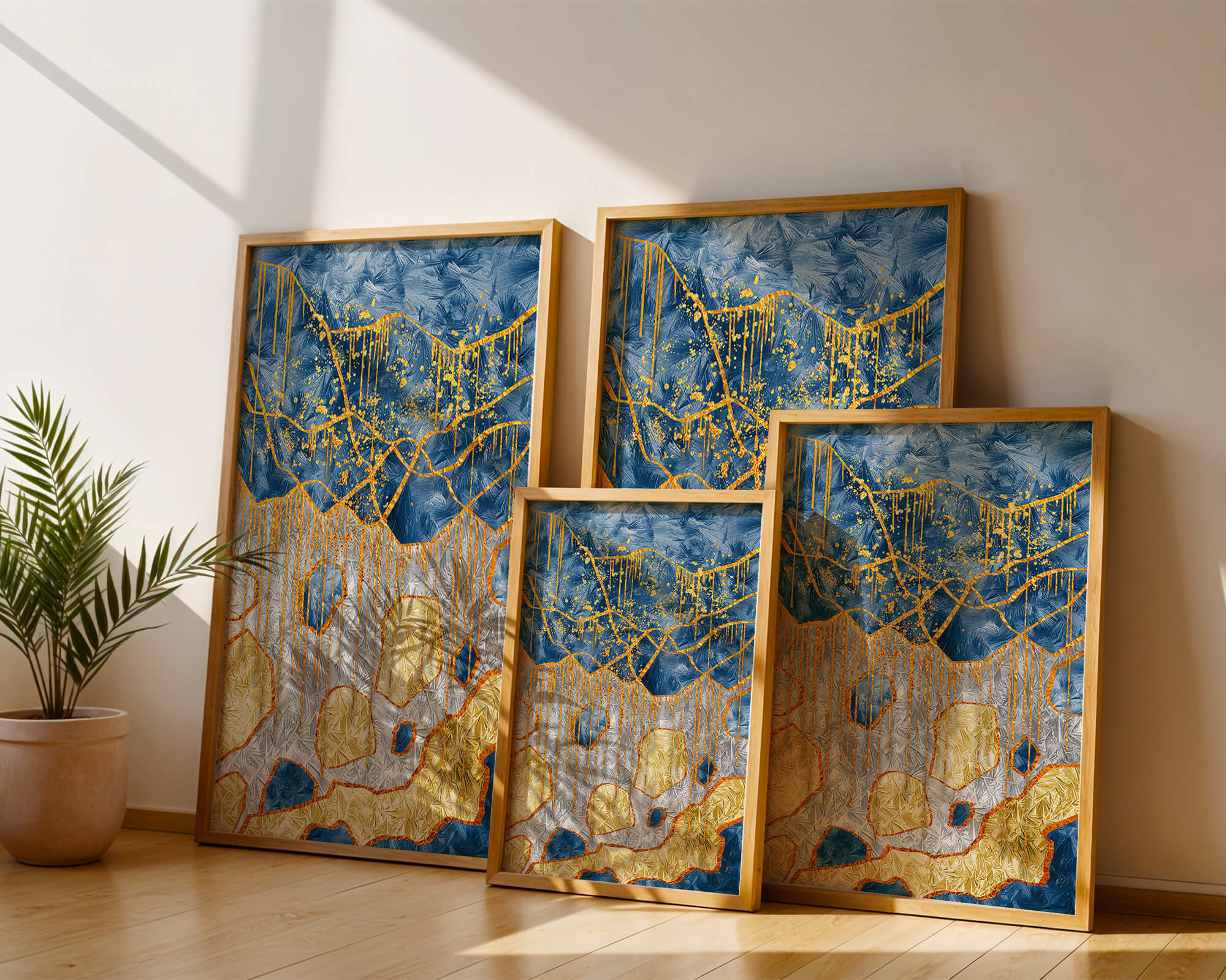 Abstract gold and blue textured art with dynamic splashes of color