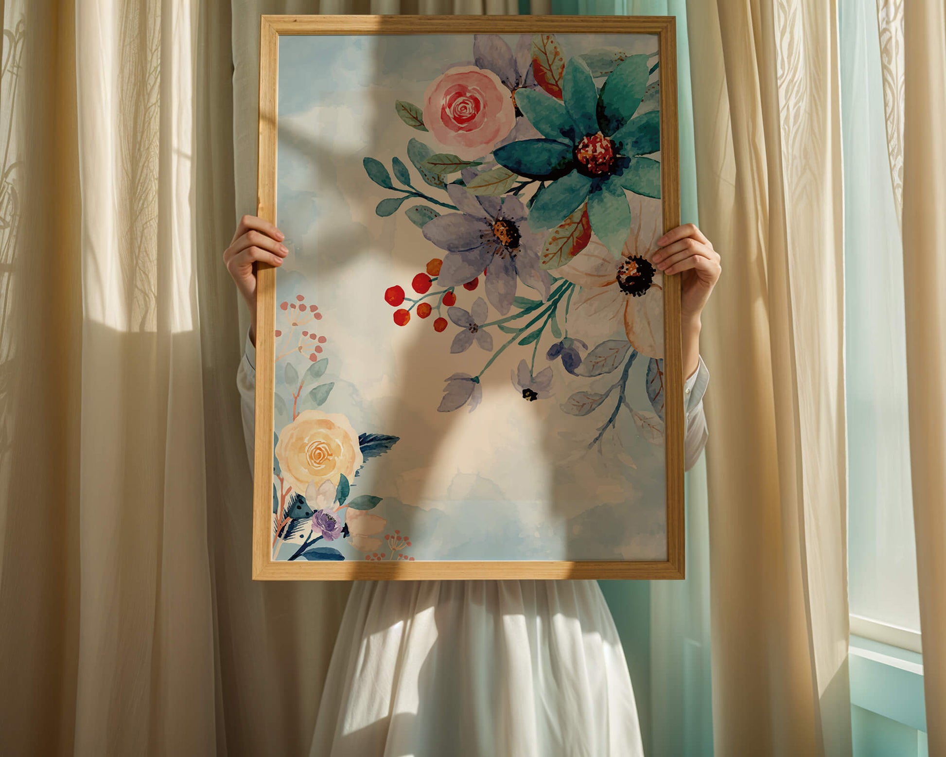 Ilustración floral acuarela con flores y hojas vibrantes