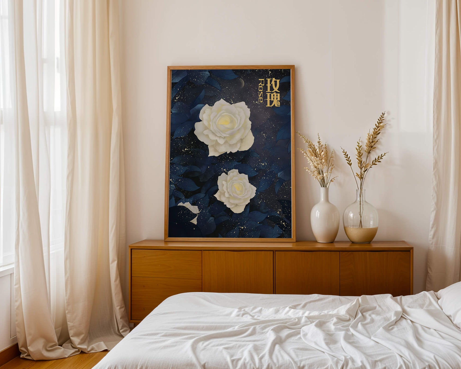 Elegant white roses on a celestial night background with deep blue leaves