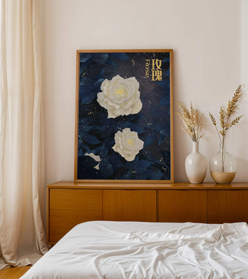 Elegant white roses on a celestial night background with deep blue leaves