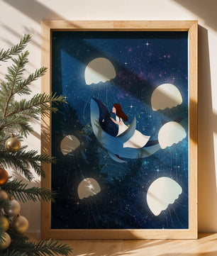 Dreamlike scene of a girl riding a whale among jellyfish in space