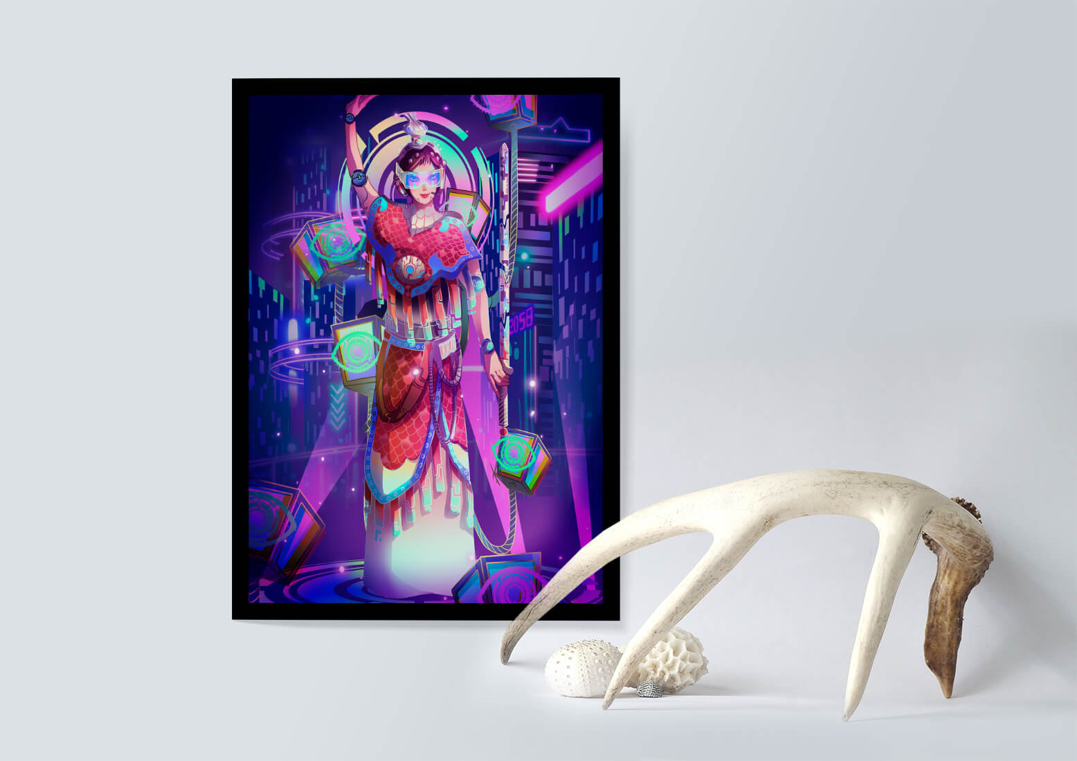 Futuristic warrior in vibrant neon cityscape with digital elements