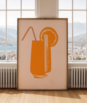 Ilustración de jugo de naranja con pajilla y rodaja de naranja