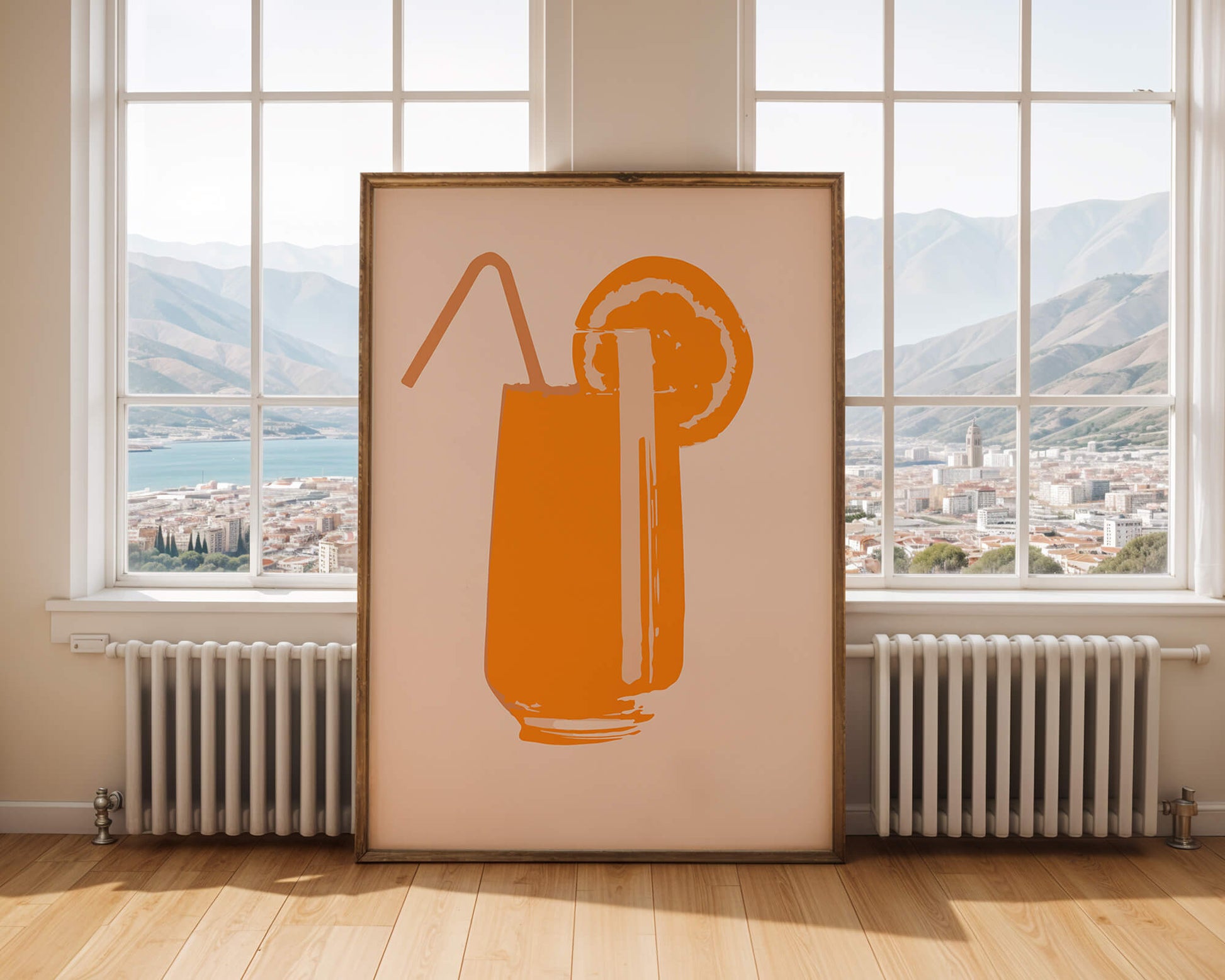 Ilustración de jugo de naranja con pajilla y rodaja de naranja