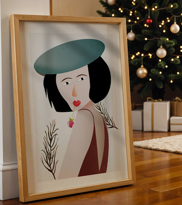 Woman with Blue Hat and Flower in Modern Art Style