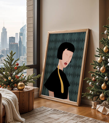 Elegant woman with short hair and golden earring on patterned background