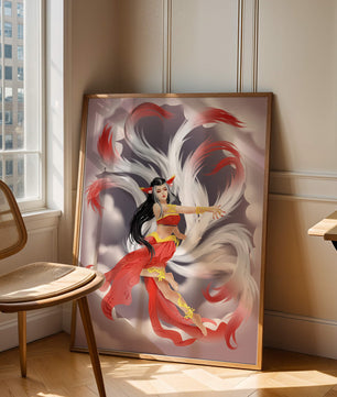 Graceful fantasy fox spirit with flowing tails and red attire in mystical clouds