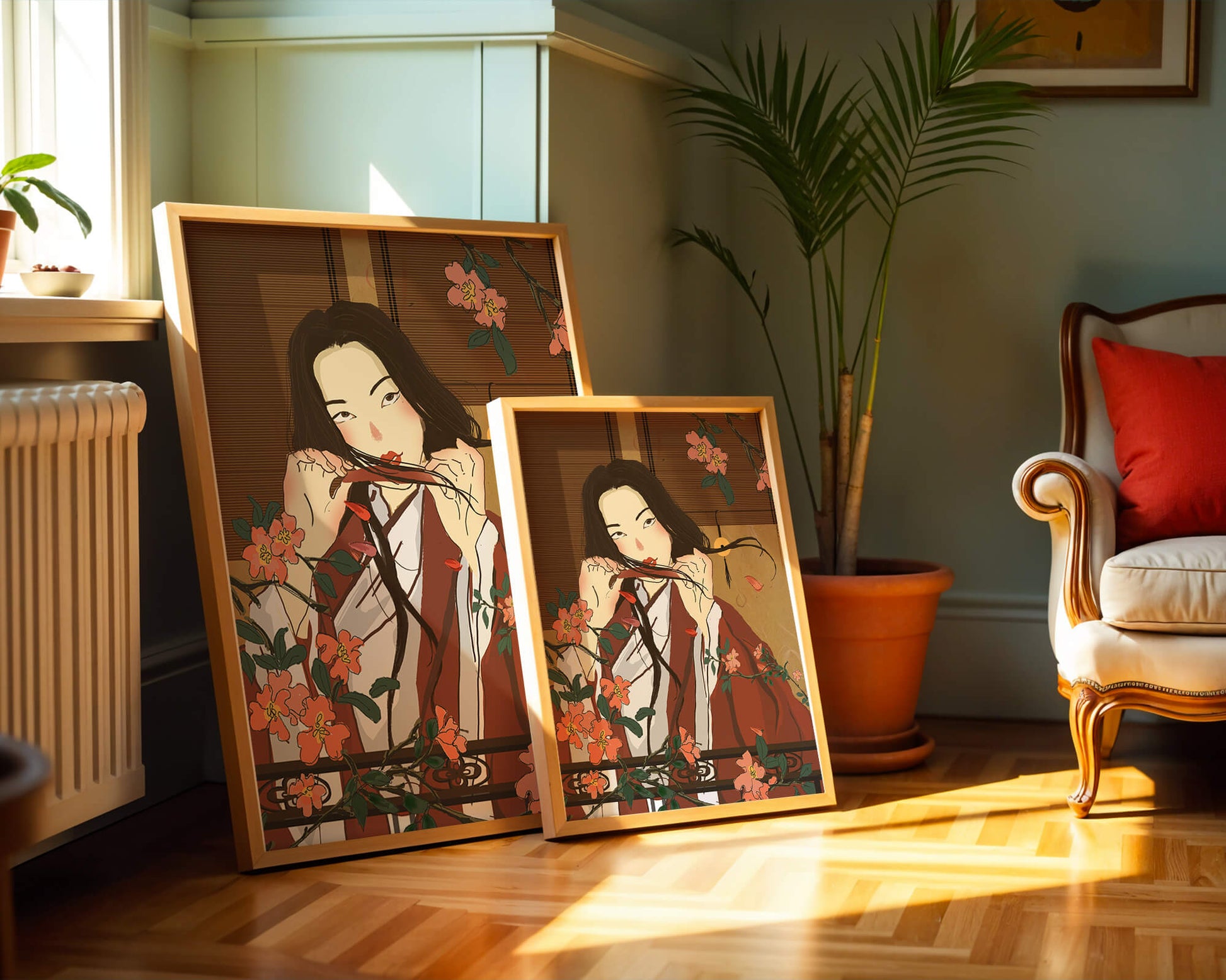 Japanerin spielt Flöte zwischen Blumen in traditioneller Umgebung