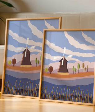 Paysage coloré avec moulin à vent et arbres abstraits