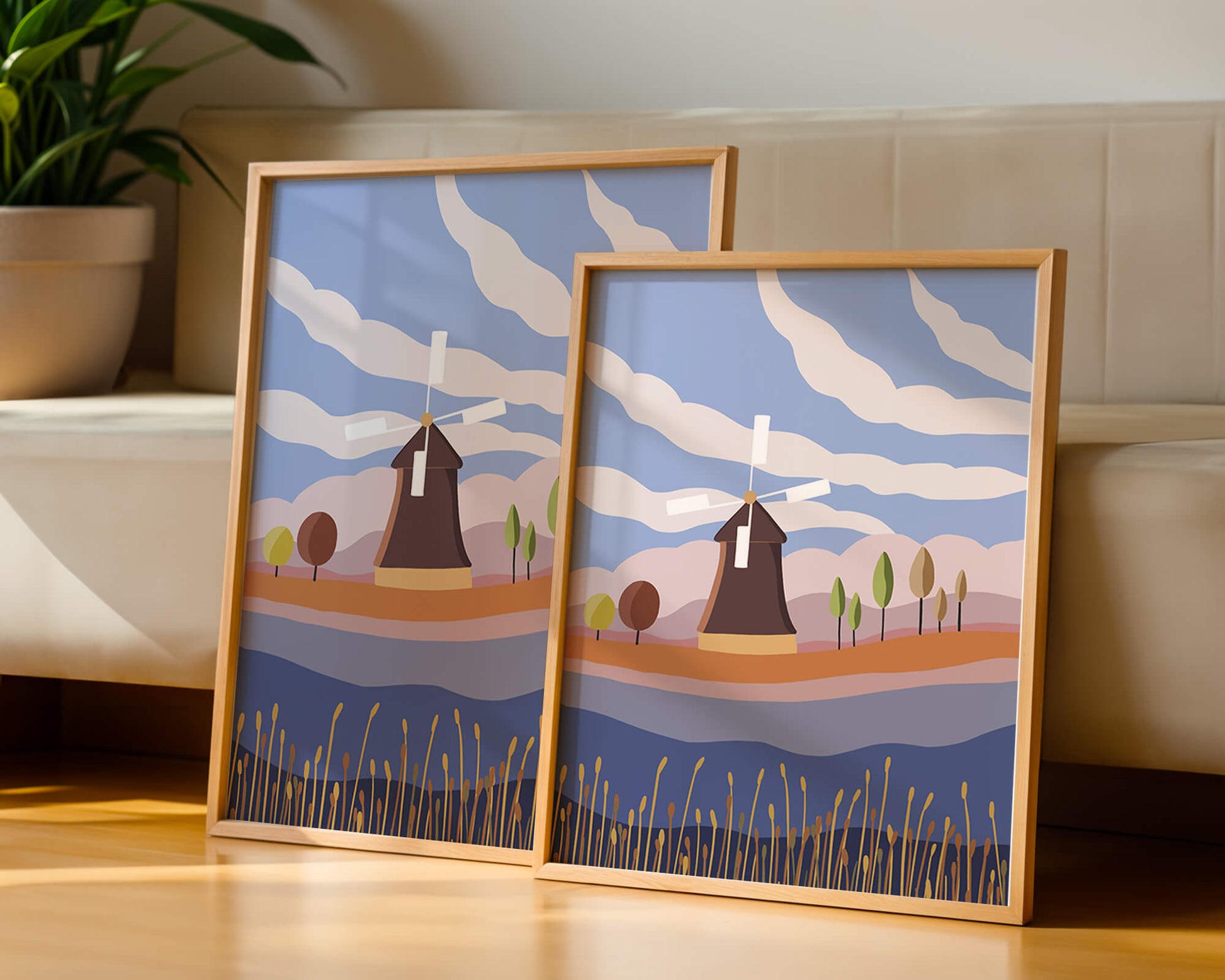 Colorful Landscape Featuring Windmill and Abstract Trees