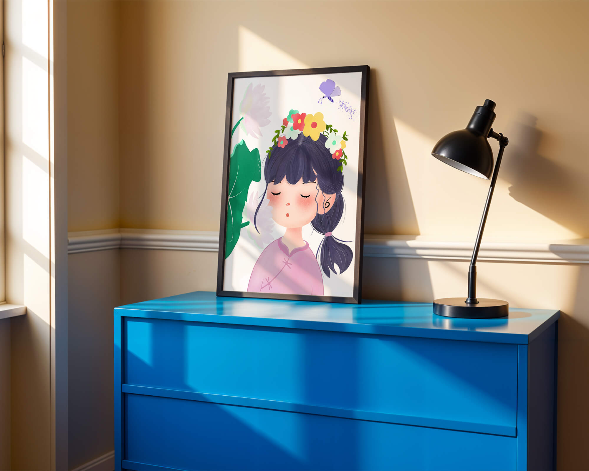 Whimsical illustration of a girl with a flower crown and butterfly
