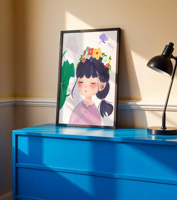 Whimsical illustration of a girl with a flower crown and butterfly