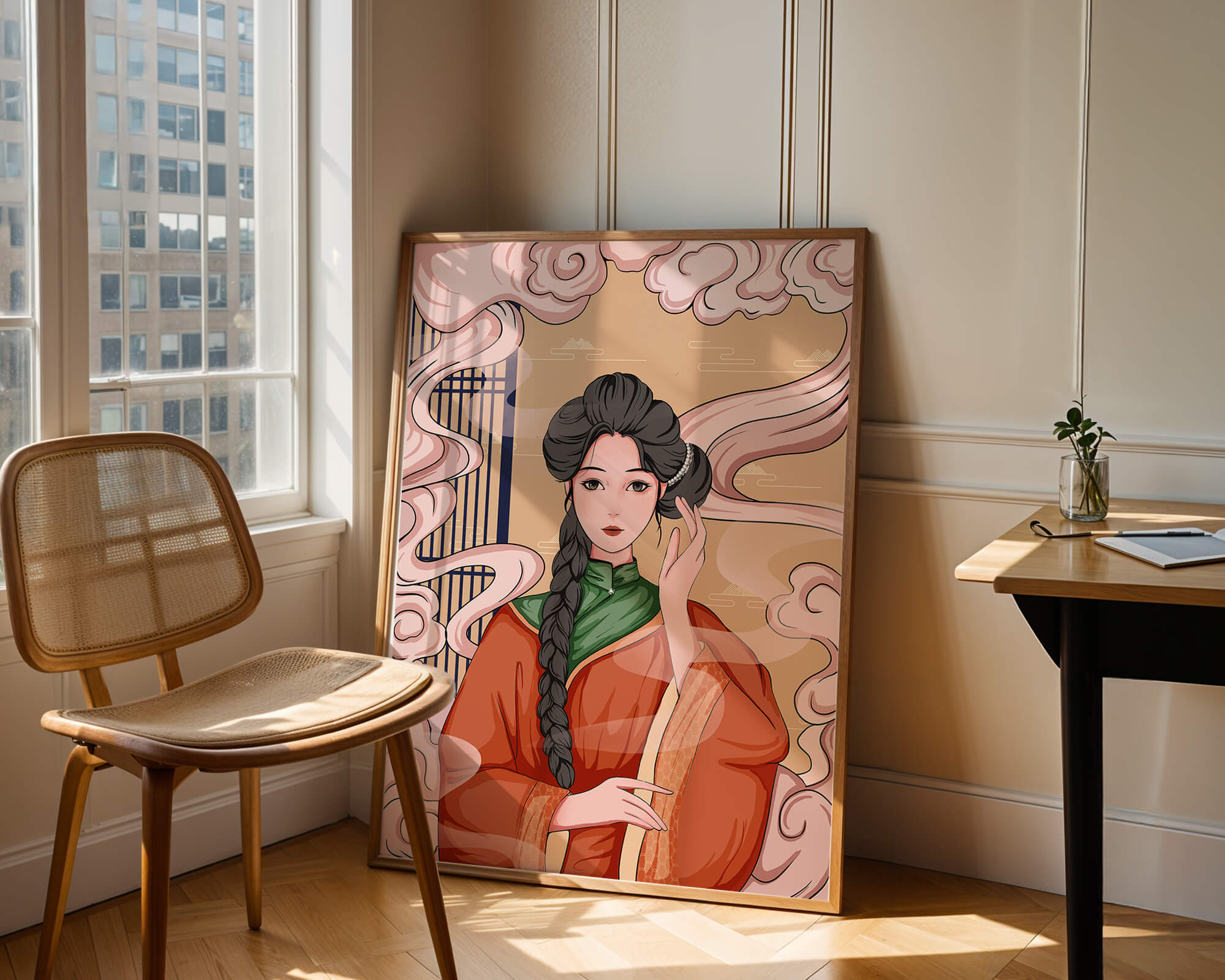 Elegant depiction of a woman in traditional attire with swirling clouds