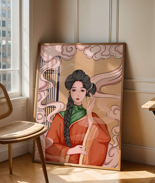 Elegante representación de una mujer con atuendo tradicional y nubes giratorias