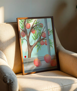 Peach tree outside a window with ripe peaches and sunny sky
