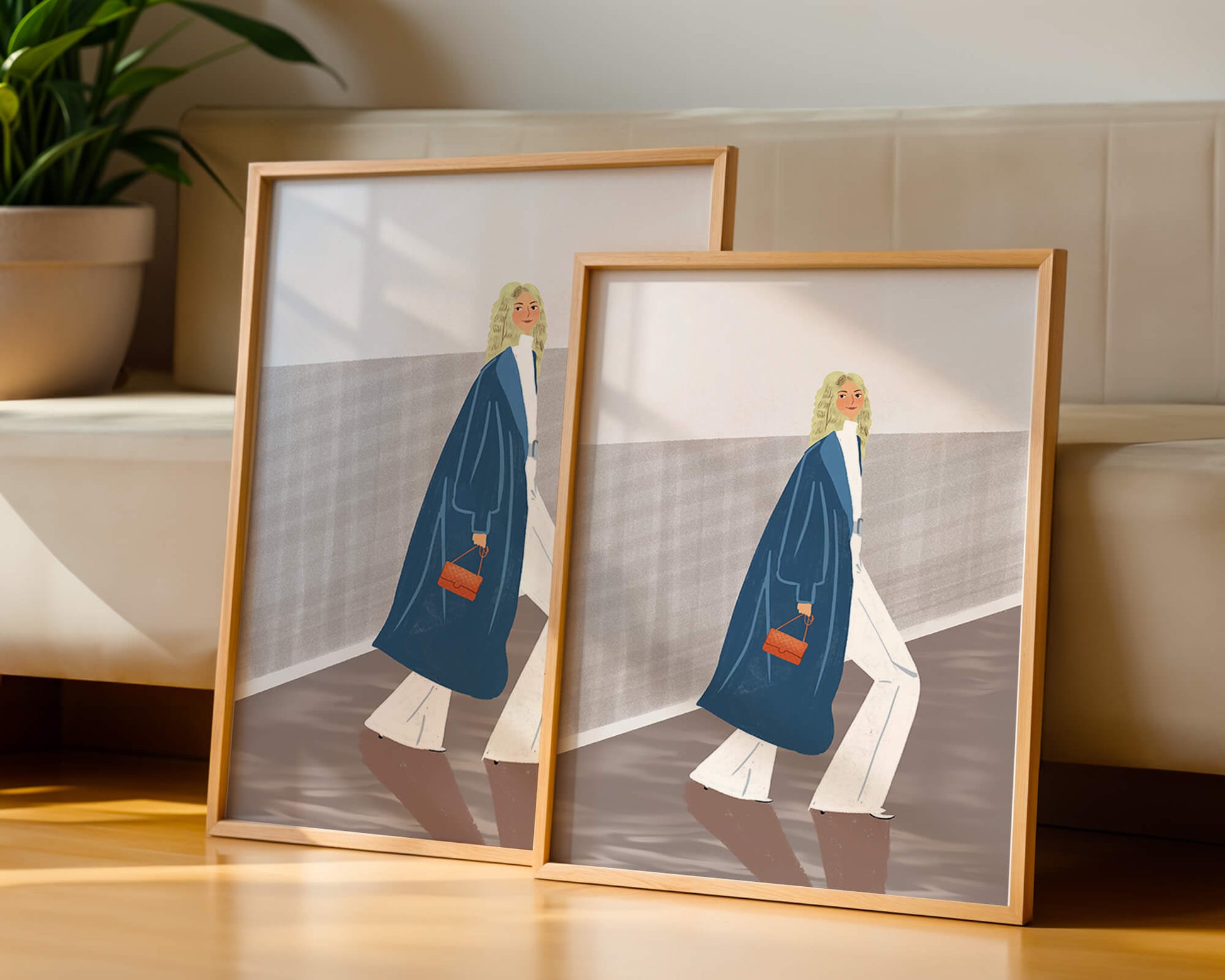 Fashionable Woman in Long Blue Coat Walking Along Corridor with Orange Handbag