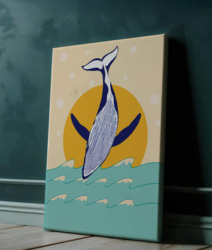 Ilustración de una ballena saltando sobre las olas con un fondo de sol