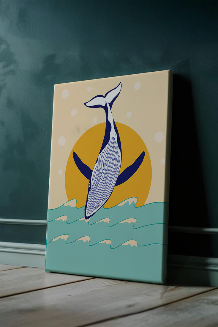 Illustration of a whale jumping over waves with sun backdrop