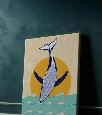 Illustration of a whale jumping over waves with sun backdrop