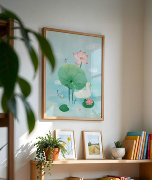Eine ruhige Teichszene mit einer Ente, Lotusblumen und Seerosenblättern 