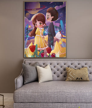 Ilustración de pareja romántica con estrellas y rosas en un entorno nocturno mágico
