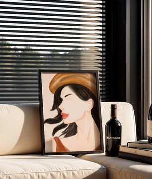 Stylized portrait of a woman in a hat with flowing hair