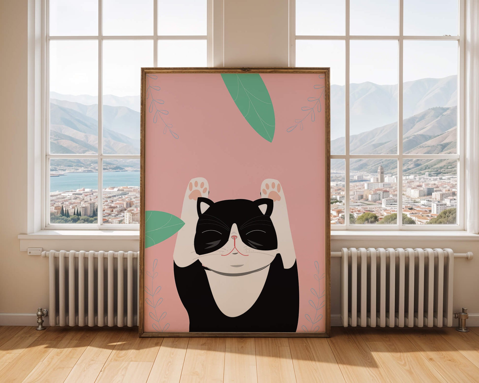 Illustrated cat on pink background with leaves