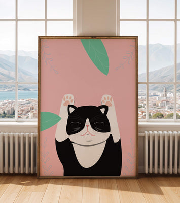 Illustrated cat on pink background with leaves