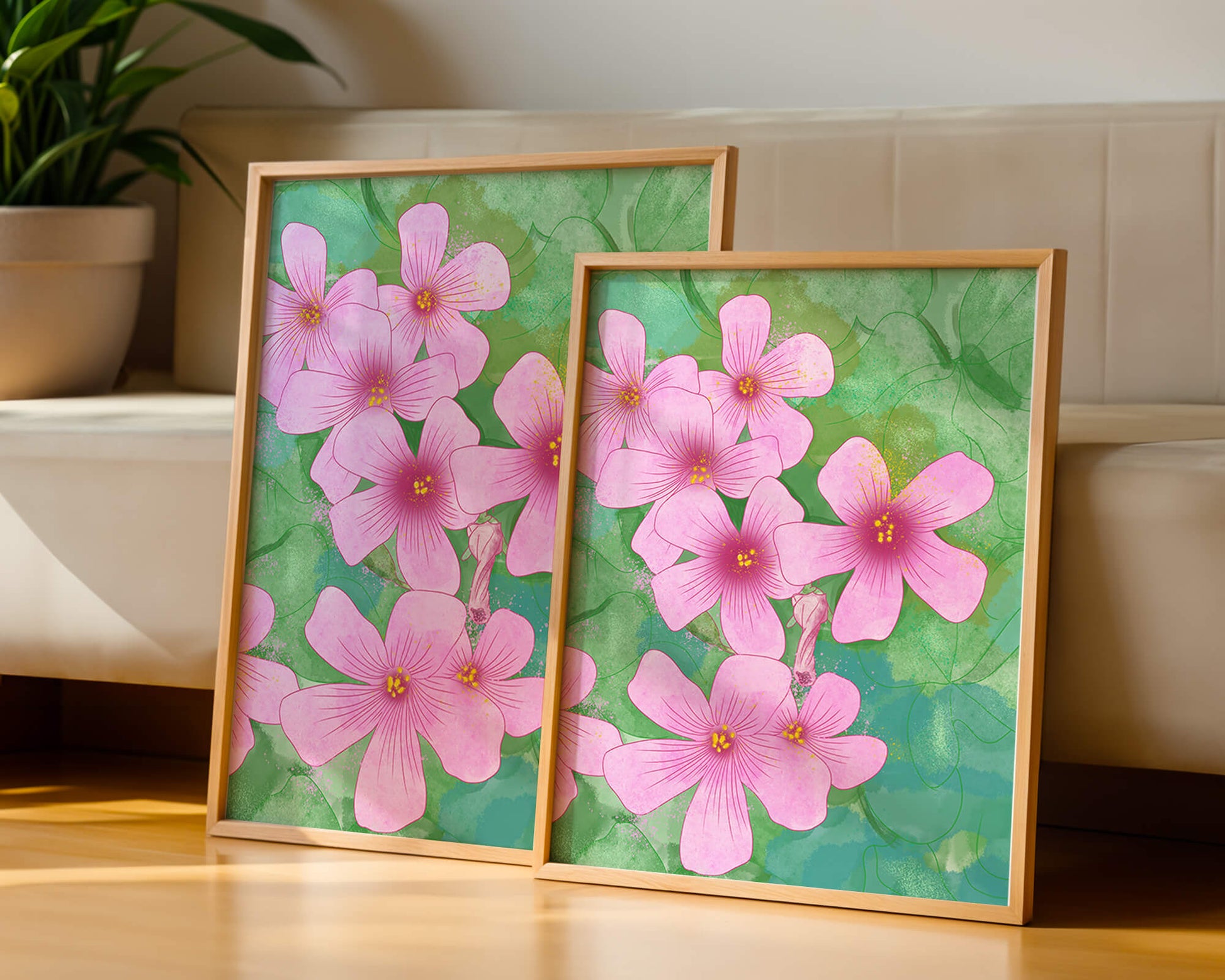 Zarte rosa Blüten auf einem leuchtend grünen Hintergrund Illustration